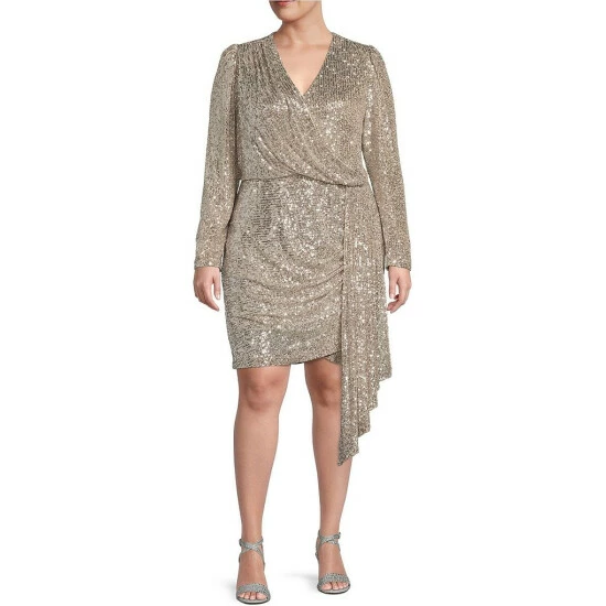 Cheap 🔔 Alex Marie Plus Size Milly Sequin Surplice V-Neck Long Sleeve 👗 Dress Silver 😍 1 Cheap 🔔 Alex Marie Plus Size Milly Sequin Surplice V-Neck Long Sleeve 👗 Dress Silver 😍