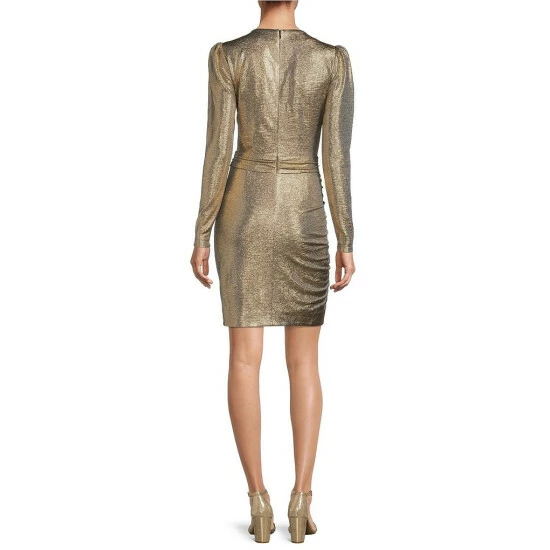 Promo โค๏ธ Alex Marie Chrissy Metallic Knit Surplice V-Neck Long Sleeve Faux Wrap ๐ Dress Black โจ - Image 2