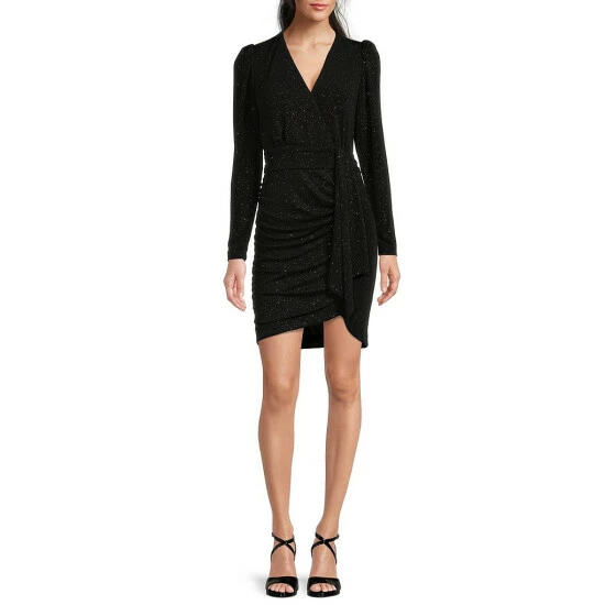 Promo โค๏ธ Alex Marie Chrissy Metallic Knit Surplice V-Neck Long Sleeve Faux Wrap ๐ Dress Black โจ - Image 3