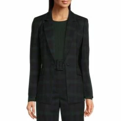 New 😀 Alex Marie Carlotta Plaid Print Notch Lapel Long Sleeve Jacket Pine Plaid 🎉