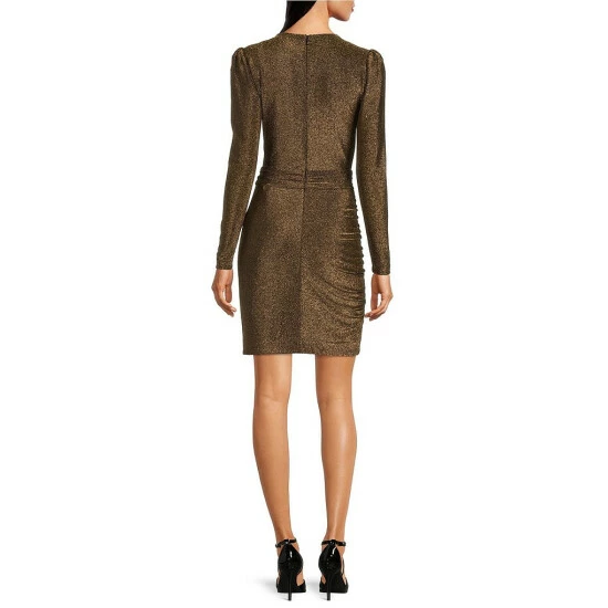 Promo โค๏ธ Alex Marie Chrissy Metallic Knit Surplice V-Neck Long Sleeve Faux Wrap ๐ Dress Black โจ - Image 6