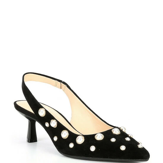 Wholesale ๐ Alex Marie Gracie Pearl Embellished Suede Slingback ๐ Dress Pumps Black โจ - Image 7