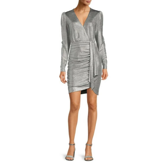 Promo โค๏ธ Alex Marie Chrissy Metallic Knit Surplice V-Neck Long Sleeve Faux Wrap ๐ Dress Black โจ - Image 7