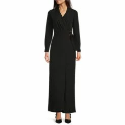 Outlet 🧨 Alex Marie Lauren Lux Twill Long Sleeve V-Neck Belted Jumpsuit Black ❤️