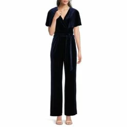 Wholesale 💯 Alex Marie Beth V-Neck Short Sleeve Stretch Velvet Tie Waist Jumpsuit Navy 👏