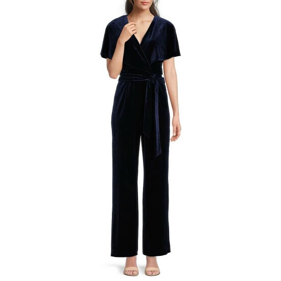 Wholesale ๐ฏ Alex Marie Beth V-Neck Short Sleeve Stretch Velvet Tie Waist Jumpsuit Navy ๐