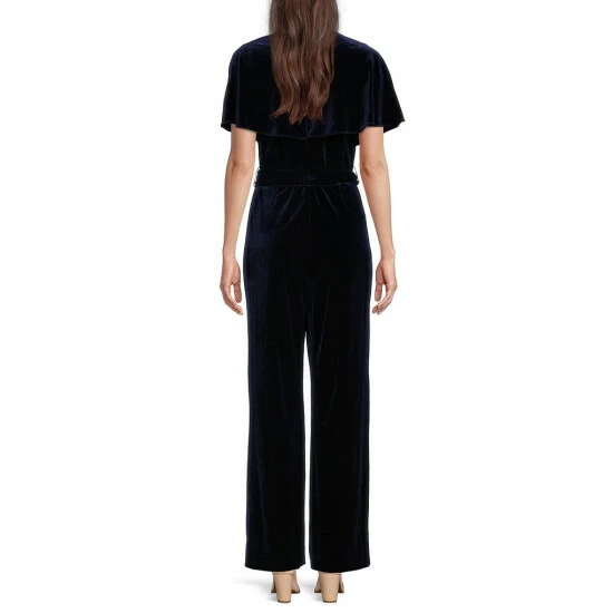 Wholesale ๐ฏ Alex Marie Beth V-Neck Short Sleeve Stretch Velvet Tie Waist Jumpsuit Navy ๐ - Image 2