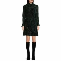 Best Pirce 💯 Alex Marie Petite Size Skyler Metallic Velvet Burnout Long Sleeve Mock Neck 👗 Dress Teal/gold ✔️