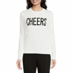 Best Pirce 🌟 Alex Marie Cheers Script Crew Neck Long Sleeve Sweater Ivory/black 🎁
