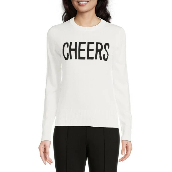 Best Pirce 🌟 Alex Marie Cheers Script Crew Neck Long Sleeve Sweater Ivory/black 🎁