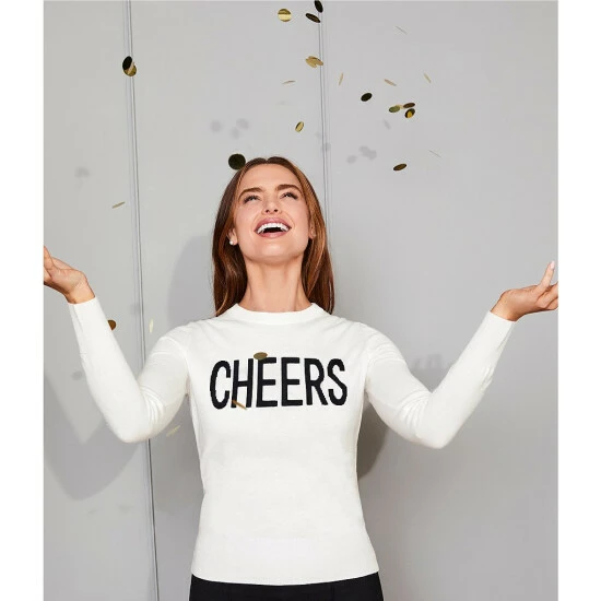 Best Pirce 🌟 Alex Marie Cheers Script Crew Neck Long Sleeve Sweater Ivory/black 🎁 - Image 5