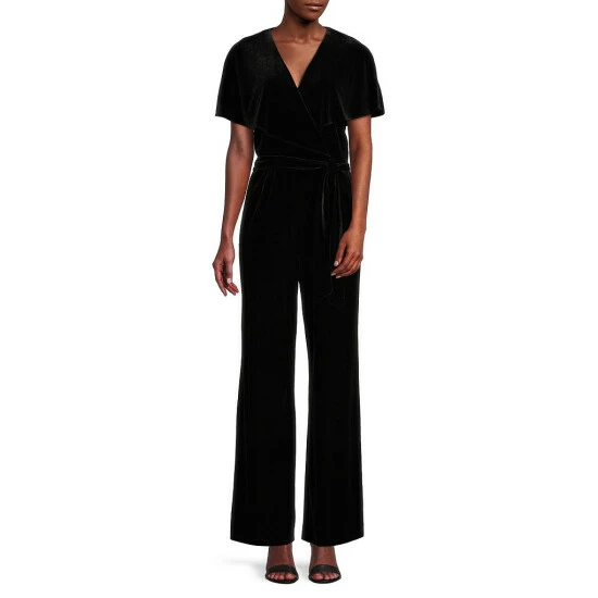 Wholesale ๐ฏ Alex Marie Beth V-Neck Short Sleeve Stretch Velvet Tie Waist Jumpsuit Navy ๐ - Image 4
