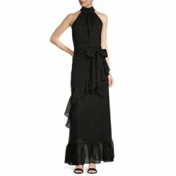 Hot Sale 👍 Alex Marie Tiffany Ruffled Metallic Halter Gown Black/gold ✔️