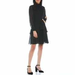 Best Sale 👏 Alex Marie Rosalia Long Split Sleeve Mock Neck Tiered Ruffle A-Line 👗 Dress Black 🎉