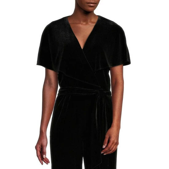 Wholesale ๐ฏ Alex Marie Beth V-Neck Short Sleeve Stretch Velvet Tie Waist Jumpsuit Navy ๐ - Image 6