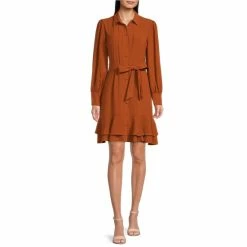 Best reviews of 🔔 Alex Marie Jesse Point Collar Long Sleeve Pleat Tie Waist Tiered Flounce Hem 👚 Shirt 👗 Dress Ginger 😍
