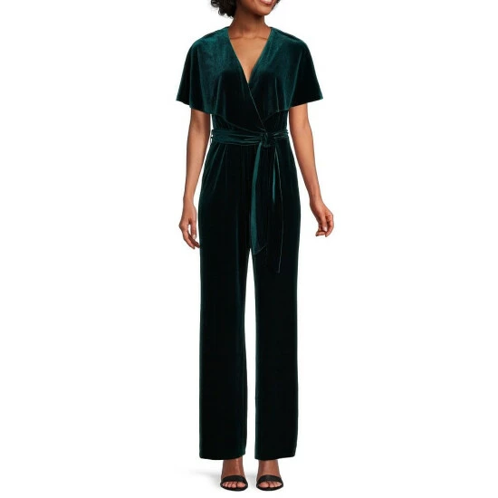 Wholesale ๐ฏ Alex Marie Beth V-Neck Short Sleeve Stretch Velvet Tie Waist Jumpsuit Navy ๐ - Image 9
