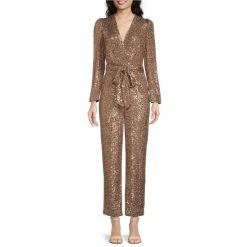 Coupon ❤️ Alex Marie Avery Sequin Long Sleeve V-Neck Jumpsuit Bronze 🛒