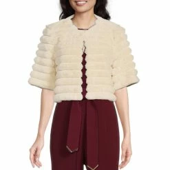 Cheapest ⌛ Alex Marie Alize Faux Fur Crew Neck Short Sleeve Cover Up Soft White ✔️