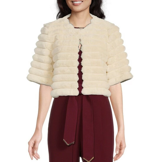 Cheapest ⌛ Alex Marie Alize Faux Fur Crew Neck Short Sleeve Cover Up Soft White ✔️