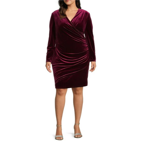 Outlet 👍 Alex Marie Plus Size Nikki Stretch Velvet Ruched Social Sheath 👗 Dress Mahogany ✨