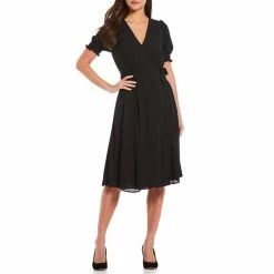 Outlet 😉 Alex Marie Ashlyn Midi V-Neck Short Sleeve Wrap 👗 Dress Black 😍