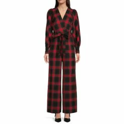 Discount 🔥 Alex Marie Phillipa Plaid Self Tie Waist Belted Jumpsuit Black Plaid 🧨