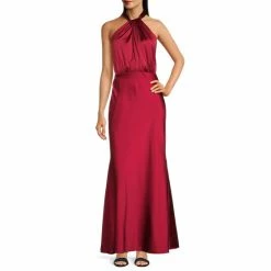 Best deal ✨ Alex Marie Vivienne Stretch Satin Ruched Twist Halter Sheath Gown Scarlett ⌛