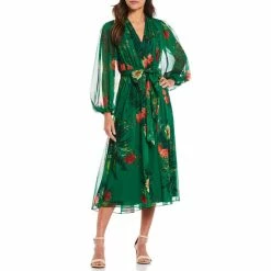 Best deal 😍 Alex Marie Petite Size Hayden V-Neck Long Sleeve Pleated Palm Floral Print 👗 Dress Palm Multi 👍