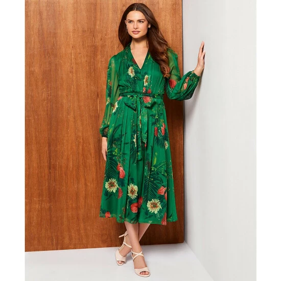 Best deal 😍 Alex Marie Petite Size Hayden V-Neck Long Sleeve Pleated Palm Floral Print 👗 Dress Palm Multi 👍 - Image 3
