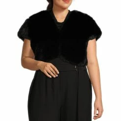 Cheap 🎁 Alex Marie Plus Size Jillian Faux Fur V-Neck Short Sleeve Cover Up Black 👍