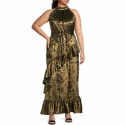 Budget ⭐ Alex Marie Plus Size Tiffany Halter Neck Cascading Ruffle Metallic Gown Black/gold 😉