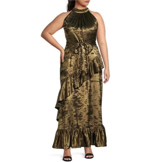 Budget ⭐ Alex Marie Plus Size Tiffany Halter Neck Cascading Ruffle Metallic Gown Black/gold 😉