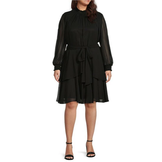 Best deal 🔔 Alex Marie Plus Size Rosalia Long Split Blouson Sleeve Smocked Mock Neck Tiered Ruffle 👗 Dress Black 🎉 - Image 3
