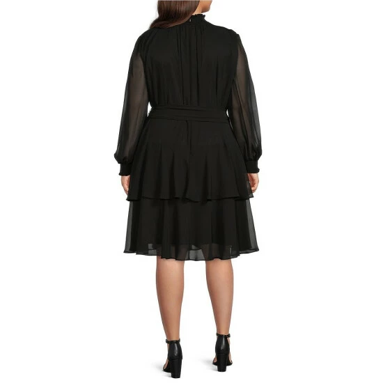 Best deal 🔔 Alex Marie Plus Size Rosalia Long Split Blouson Sleeve Smocked Mock Neck Tiered Ruffle 👗 Dress Black 🎉 - Image 4