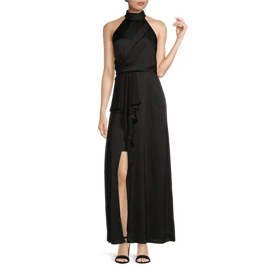 Discount ❤️ Alex Marie Lexi Halter Mock Neck Sleeveless Draped Thigh High Slit Crepe Gown Black 🛒