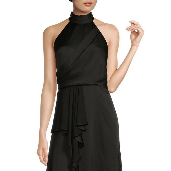 Discount ❤️ Alex Marie Lexi Halter Mock Neck Sleeveless Draped Thigh High Slit Crepe Gown Black 🛒 - Image 3