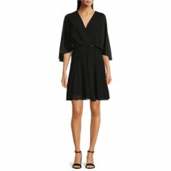 Top 10 🤩 Alex Marie Petite Size Carissa Chiffon V-Neck 3/4 Flutter Cape Sleeve Belted Blouson 👗 Dress Black 🔔