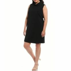 Flash Sale 🔔 Alex Marie Plus Size Mary Mock Neck Sleeveless Textured Satin 👗 Dress Black 🔥