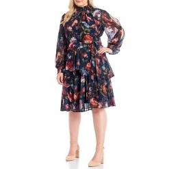 Budget 😉 Alex Marie Plus Size Rosalia Long Split Sleeve Mock Neck Floral Print 👗 Dress Navy 🔥