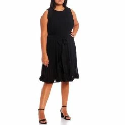 Flash Sale 😉 Alex Marie Plus Size Bethany Pleated Chiffon Round Neck Sleeveless 👗 Dress Black 🎁